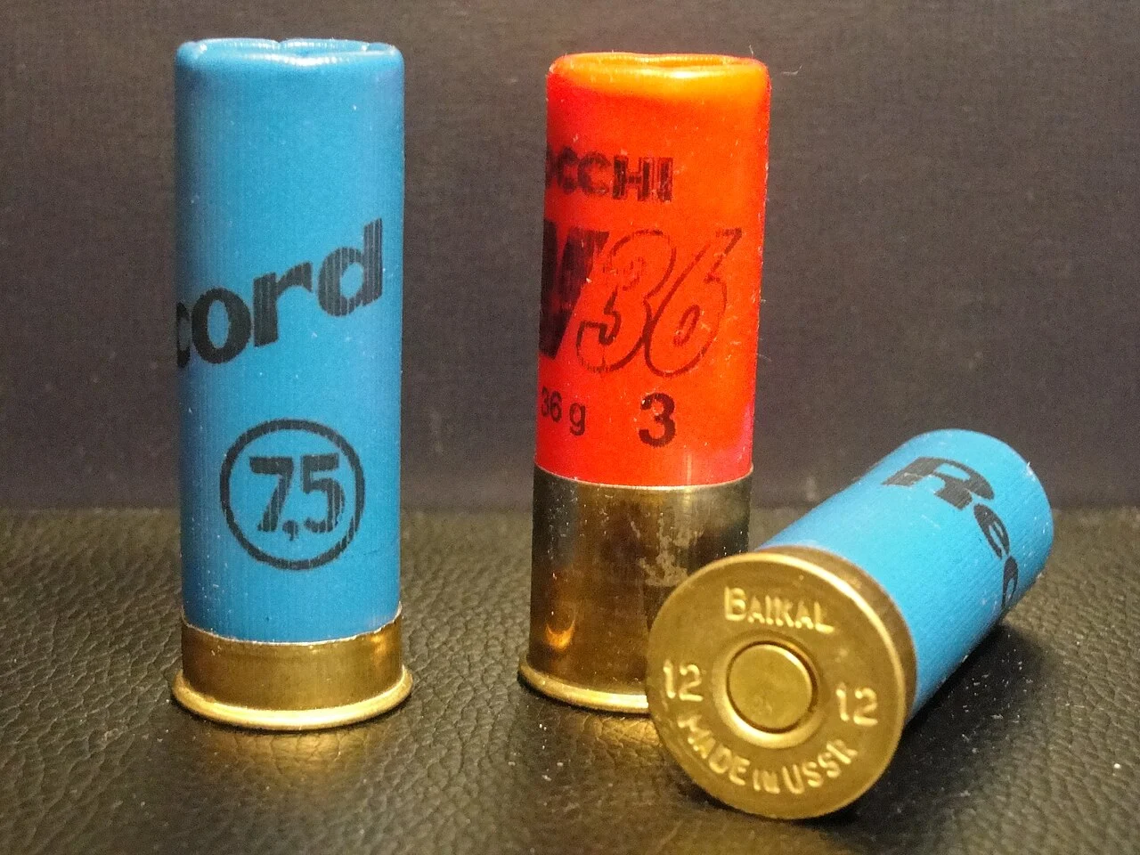 Tres cartuchos de escopeta de caza del calibre 12